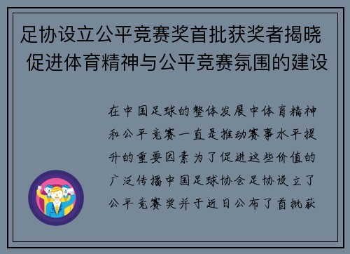 足协设立公平竞赛奖首批获奖者揭晓 促进体育精神与公平竞赛氛围的建设 足协设立公平竞赛奖首批获奖者揭晓 促进体育精神与公平竞赛氛围的建设